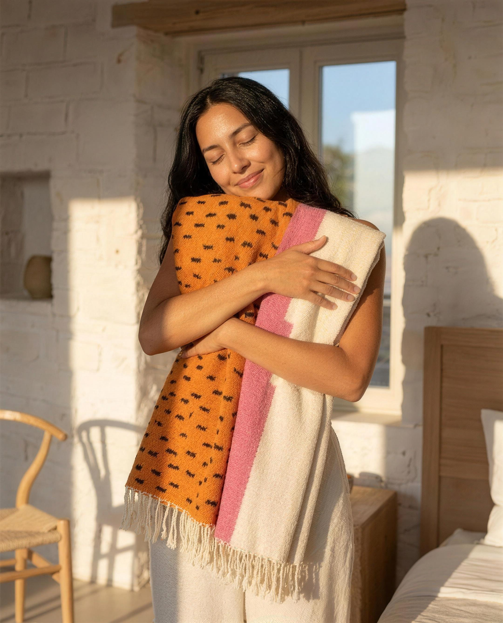 Woman hugging the soft Atlas Berber throw blanket