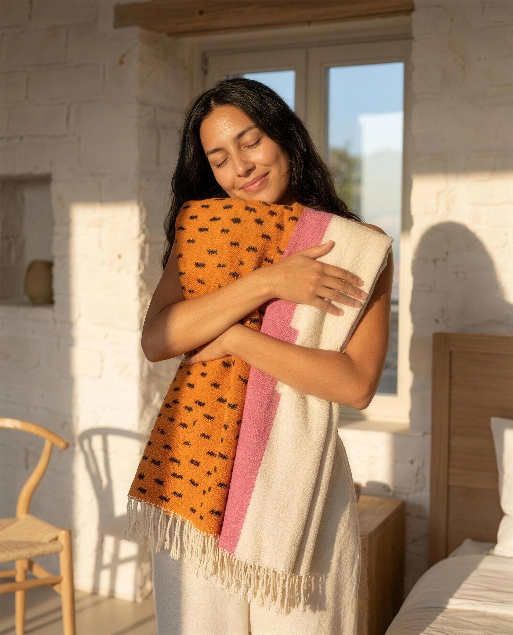 Woman hugging the soft Atlas Berber throw blanket