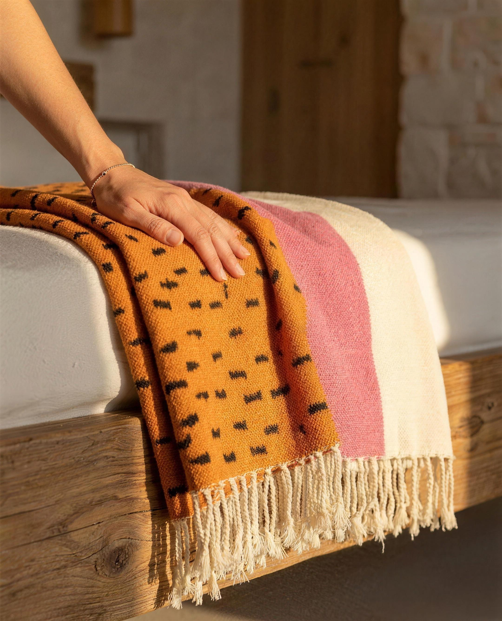 Close-up of the Atlas Berber throw woven texture and fringe