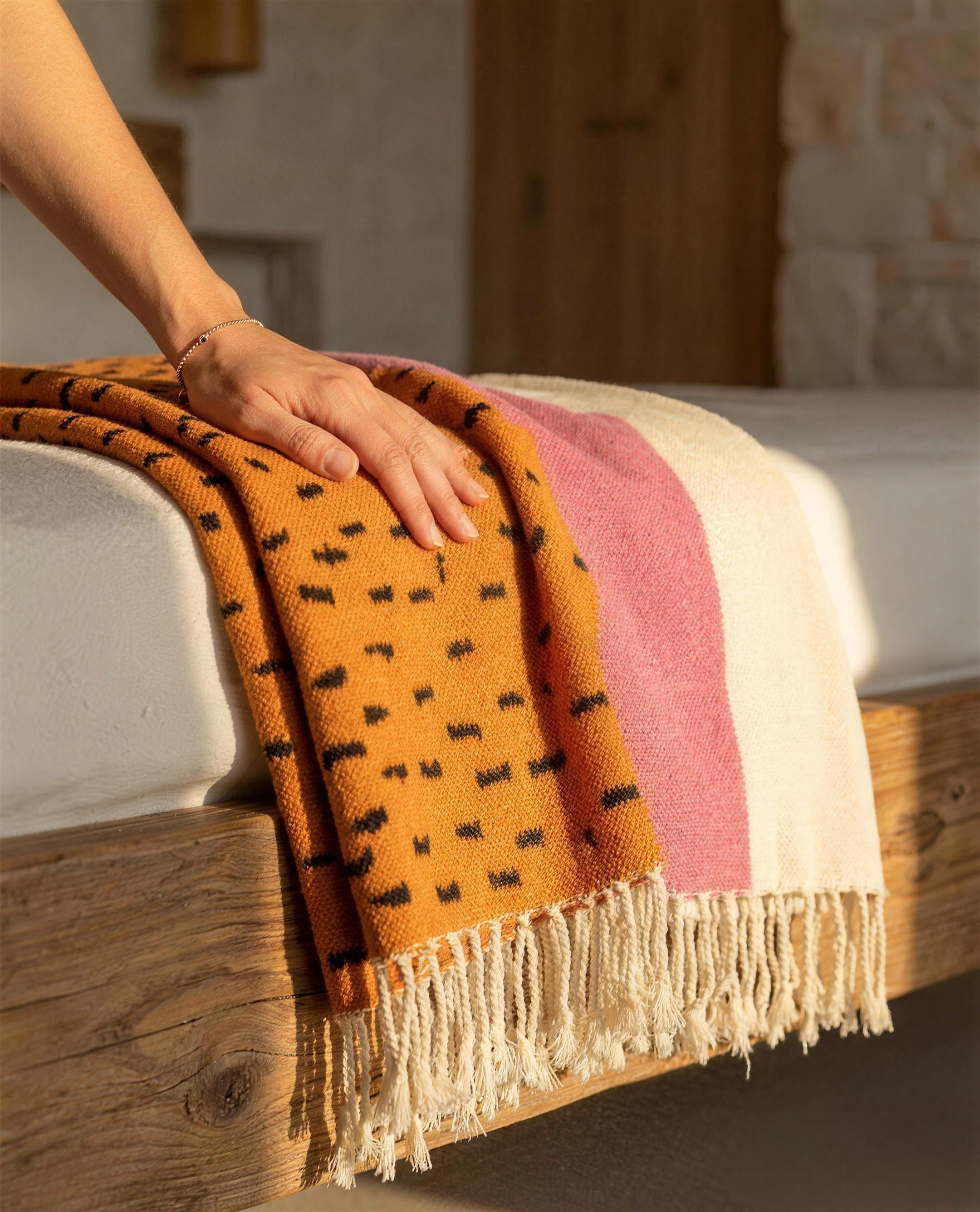 Close-up of the Atlas Berber throw woven texture and fringe