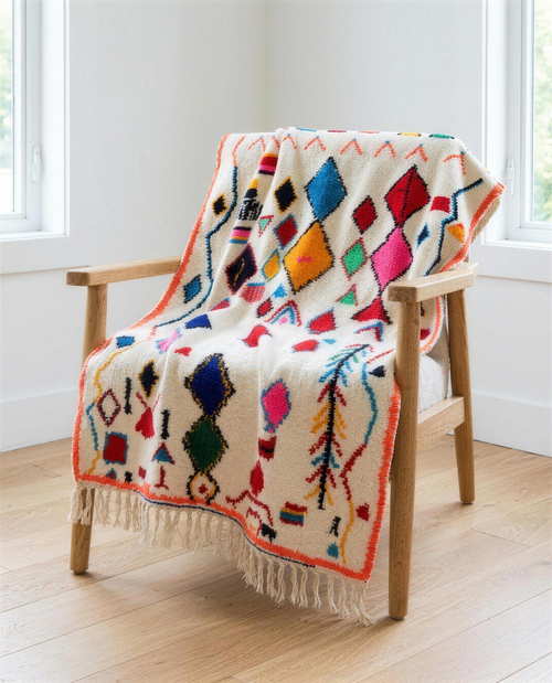 Azilal Berber throw blanket draped over a chair, full view with fringe