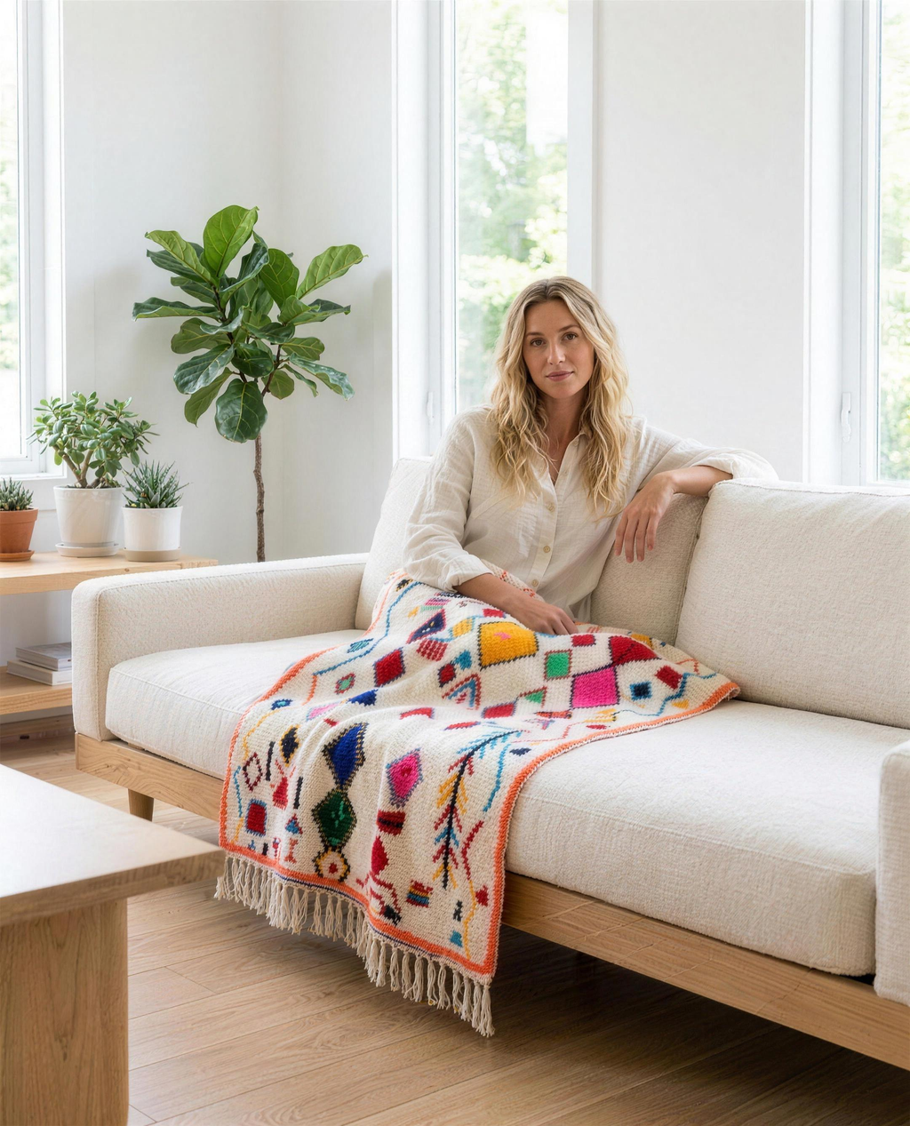 Woman relaxing on a sofa with the colourful Azilal Berber throw