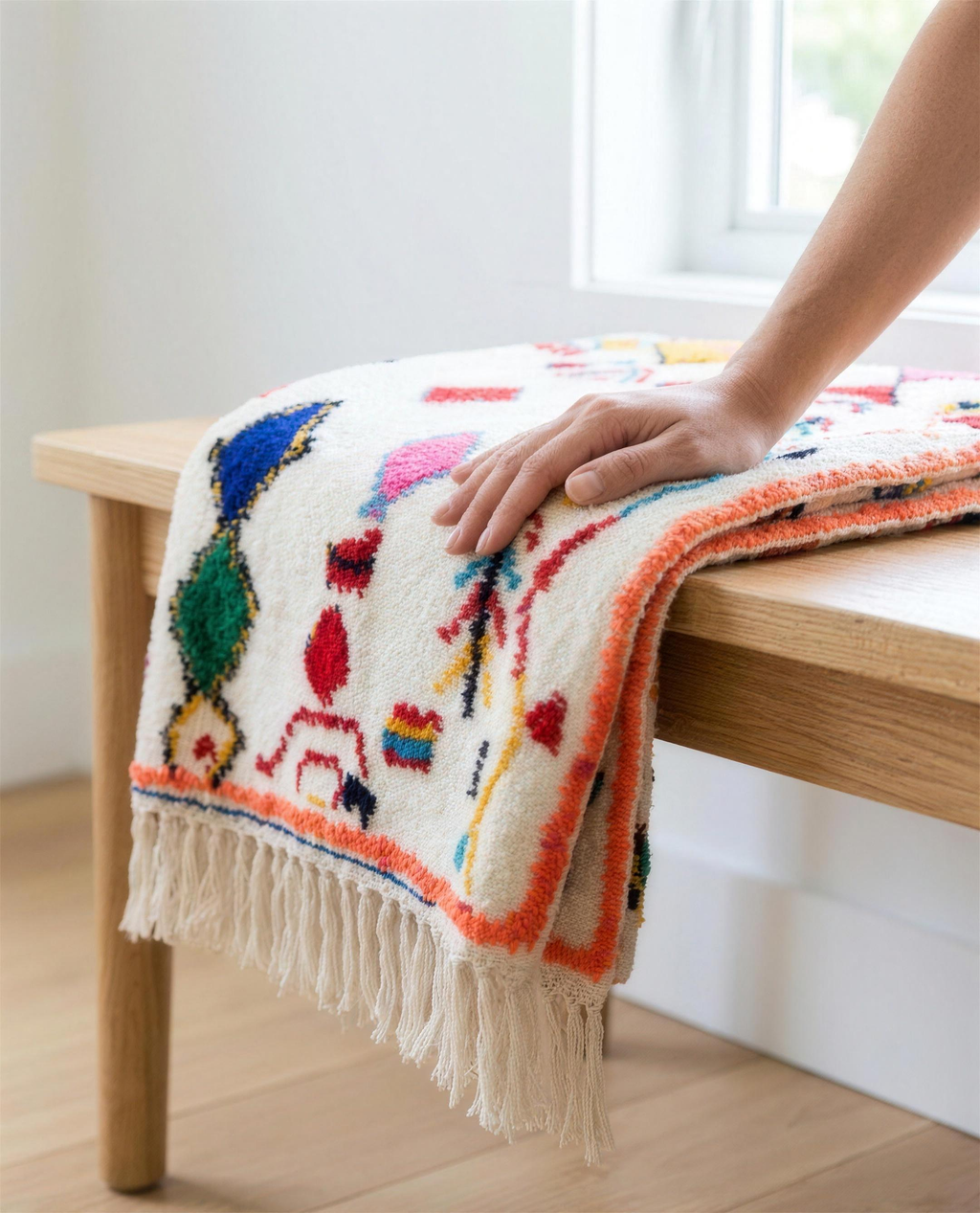 Close-up of the colourful Azilal Berber throw weave and fringe