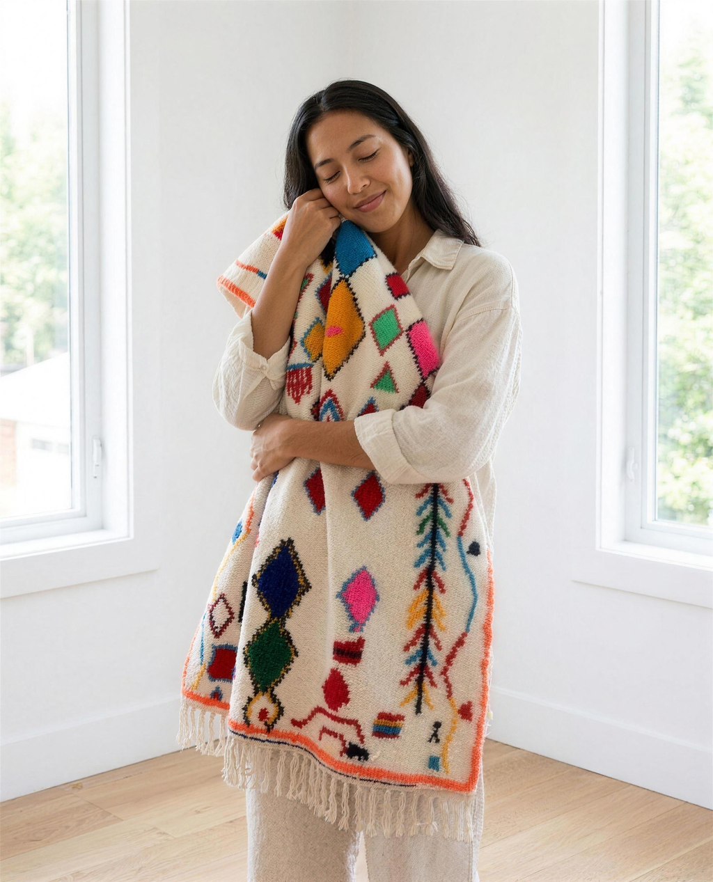Woman hugging the soft colourful Azilal Berber throw