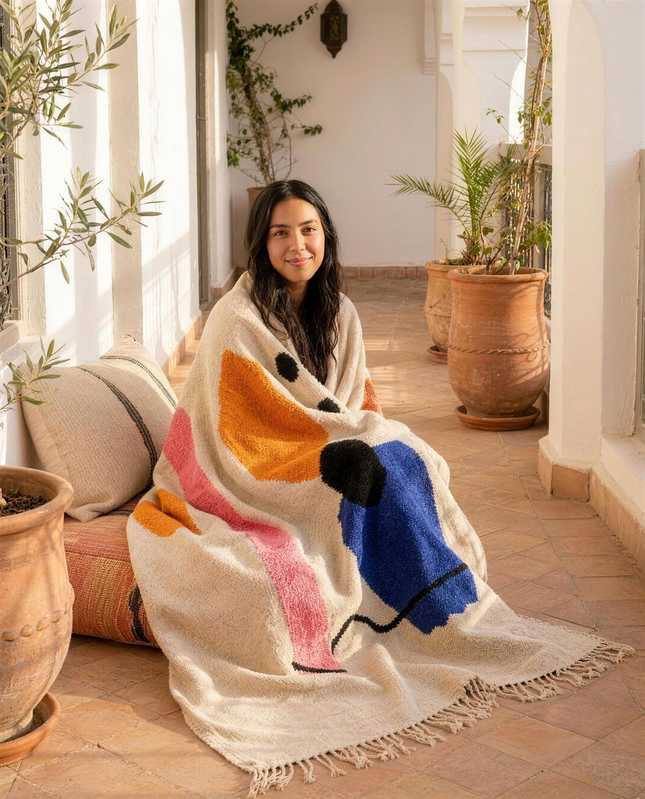 Woman seated on cushions wrapped in the Atlas tribal Berber throw on a riad terrace