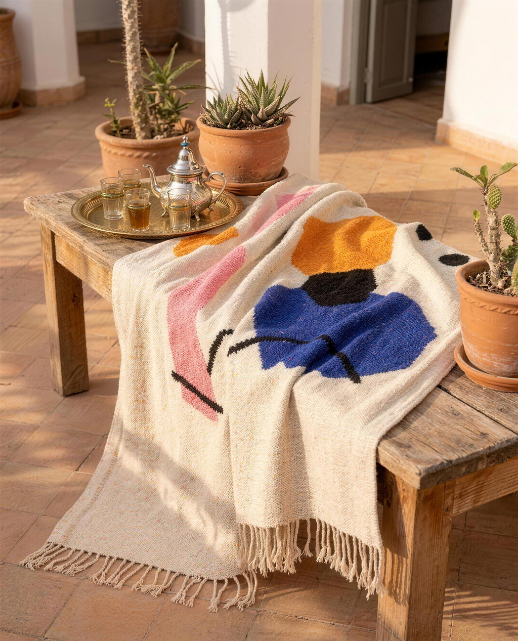 Styled flat-lay of the Atlas tribal Berber throw with tea tray, showing weave and fringe