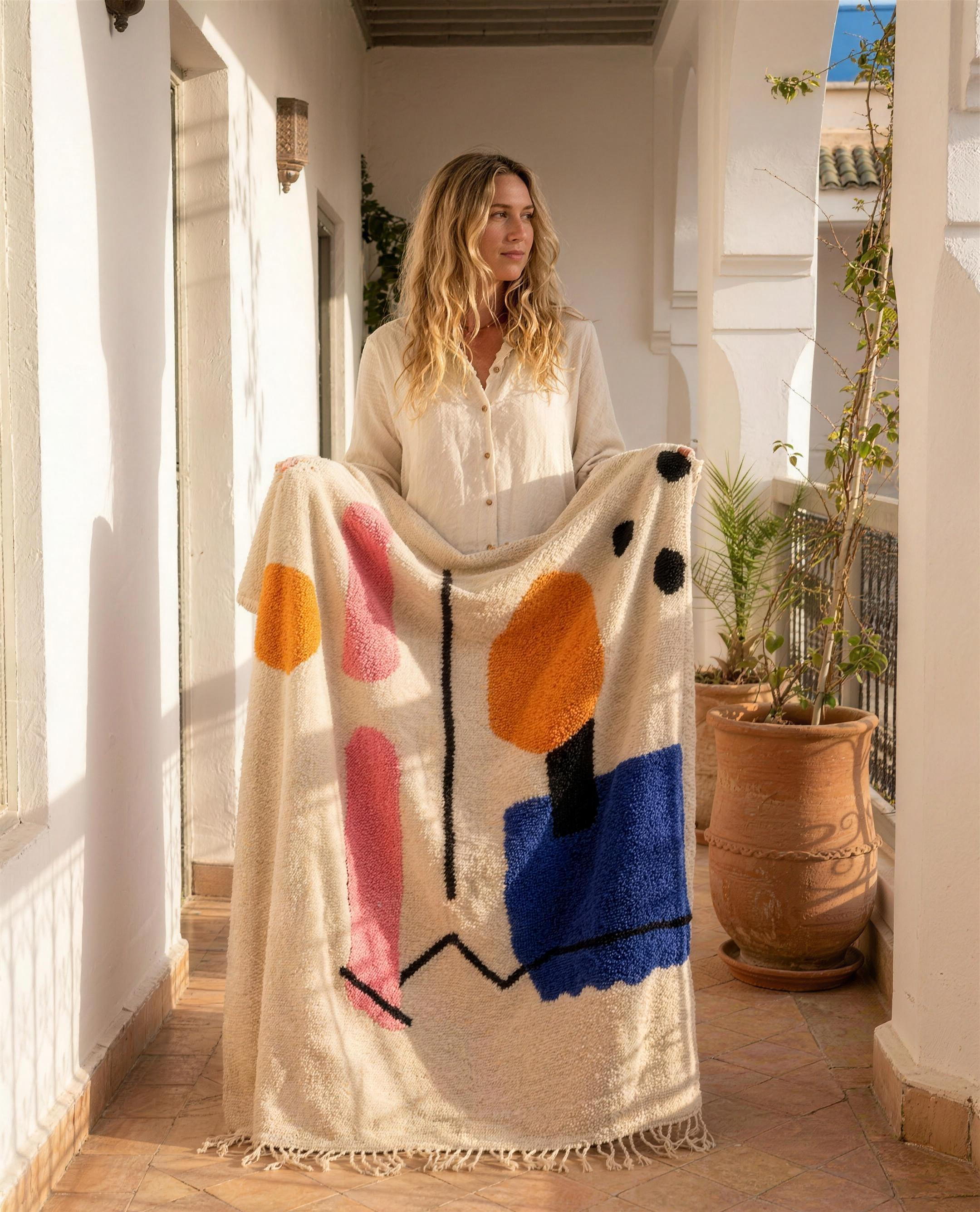 Woman holding the colourful Atlas tribal Berber throw open on a sunny riad terrace