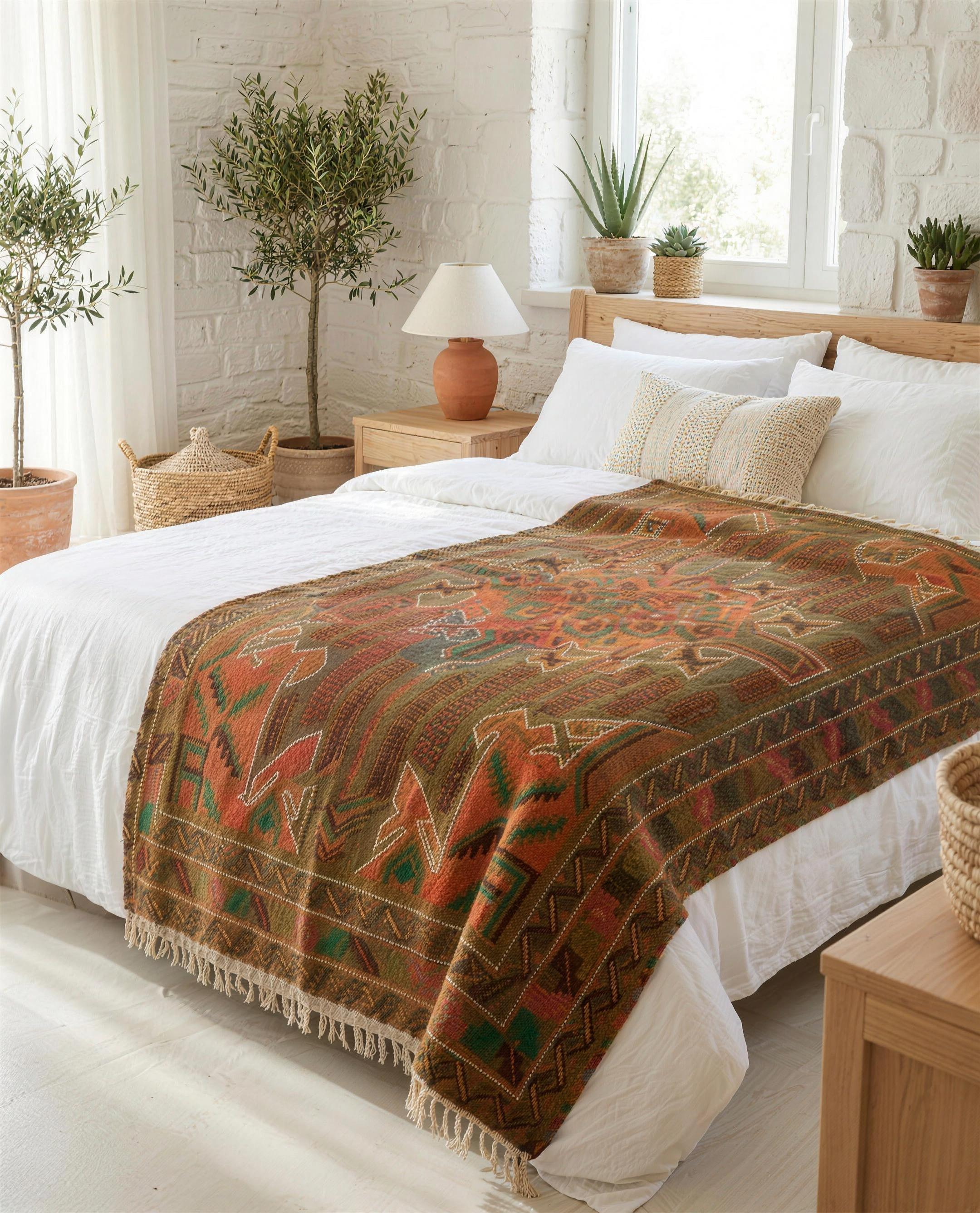 Colourful tribal Berber throw styled over a made bed in a bright villa
