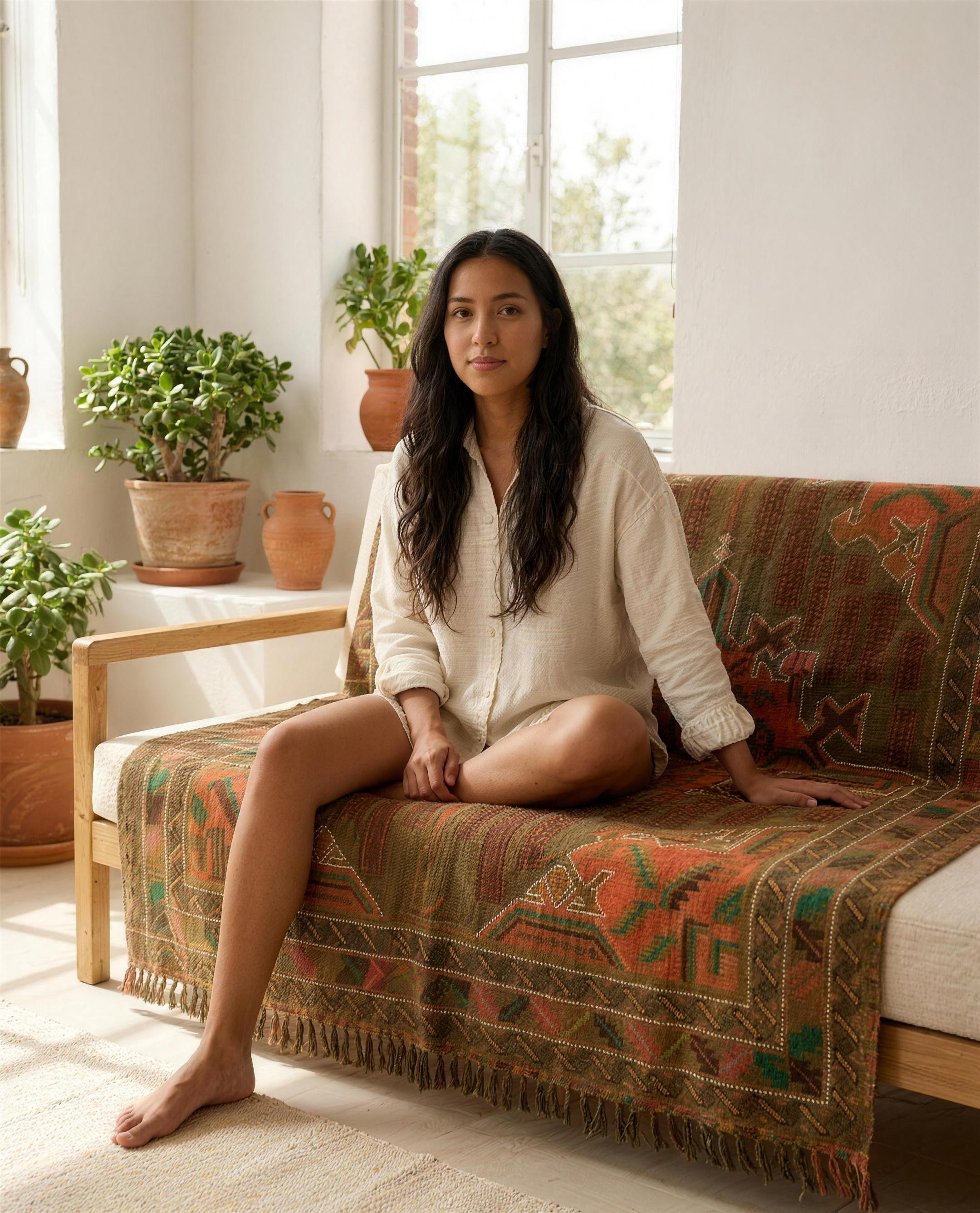 Woman seated on a sofa draped with the colourful tribal Berber throw