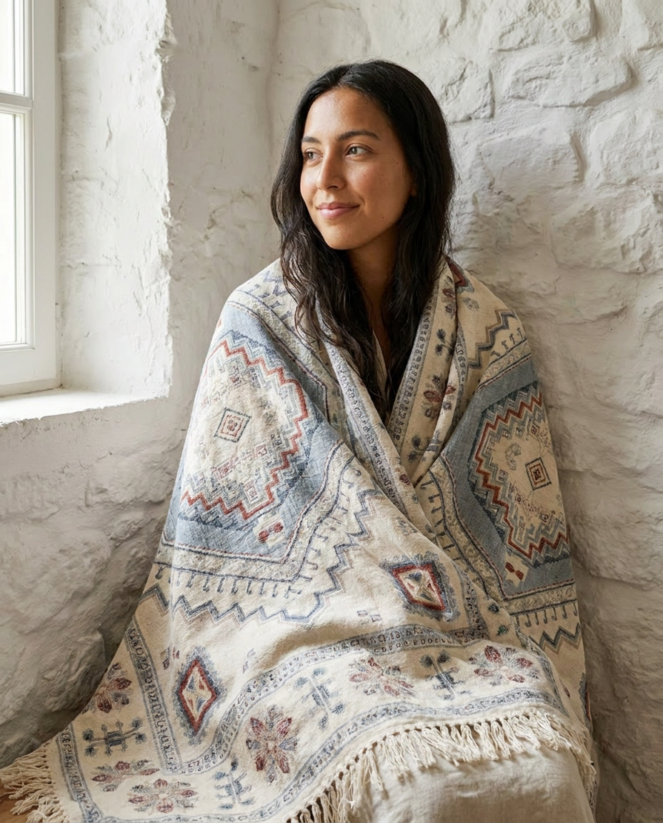 Woman wrapped in the Marrakech medallion throw against a stone wall