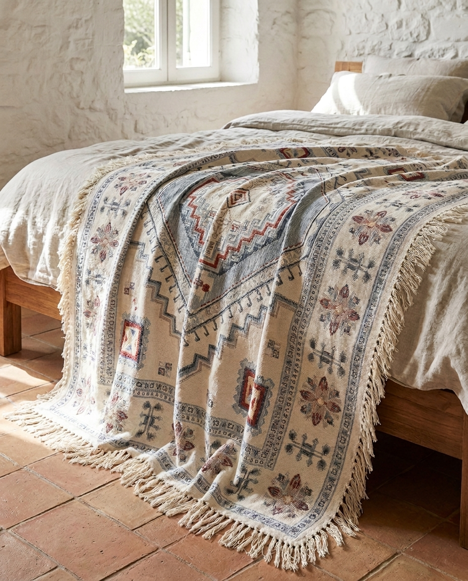 Marrakech medallion throw styled over a bed, fringe over the edge