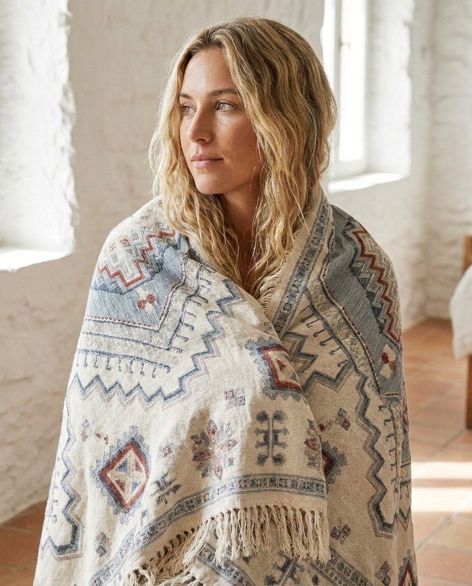 Close-up of a woman cosy in the Marrakech medallion throw