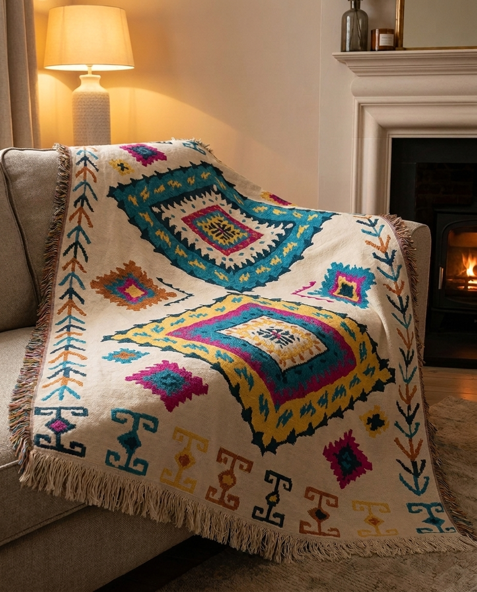 Festival Diamond Berber throw draped over a couch in a cosy winter room