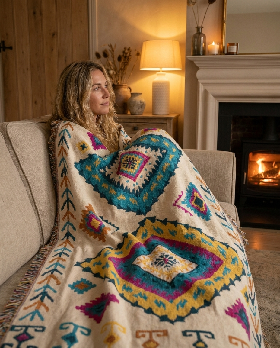 Woman wrapped in the Festival Diamond Berber throw by a fireplace