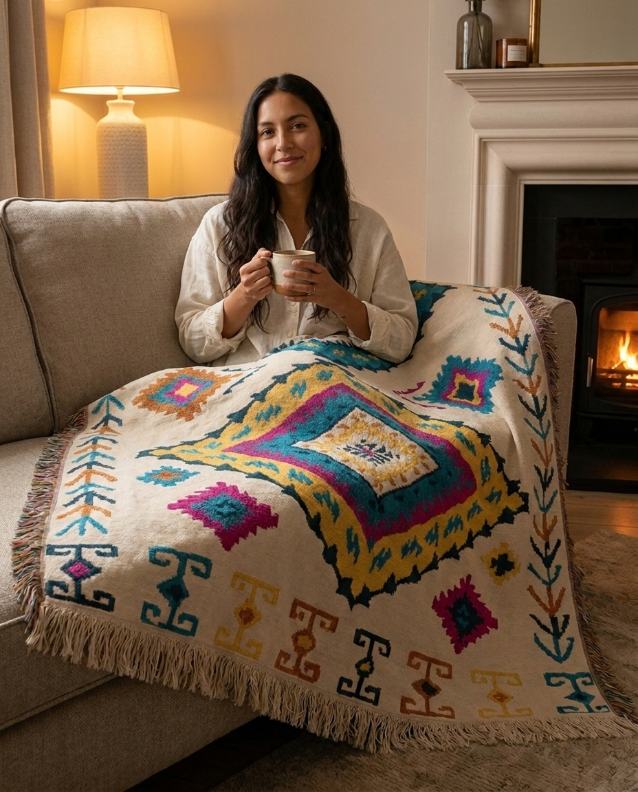 Woman on a couch with the Festival Diamond Berber throw over her lap
