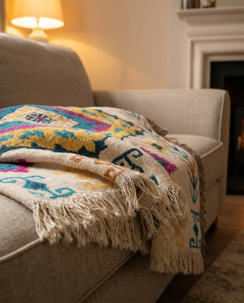 Close-up of the Festival Diamond Berber throw weave and fringe